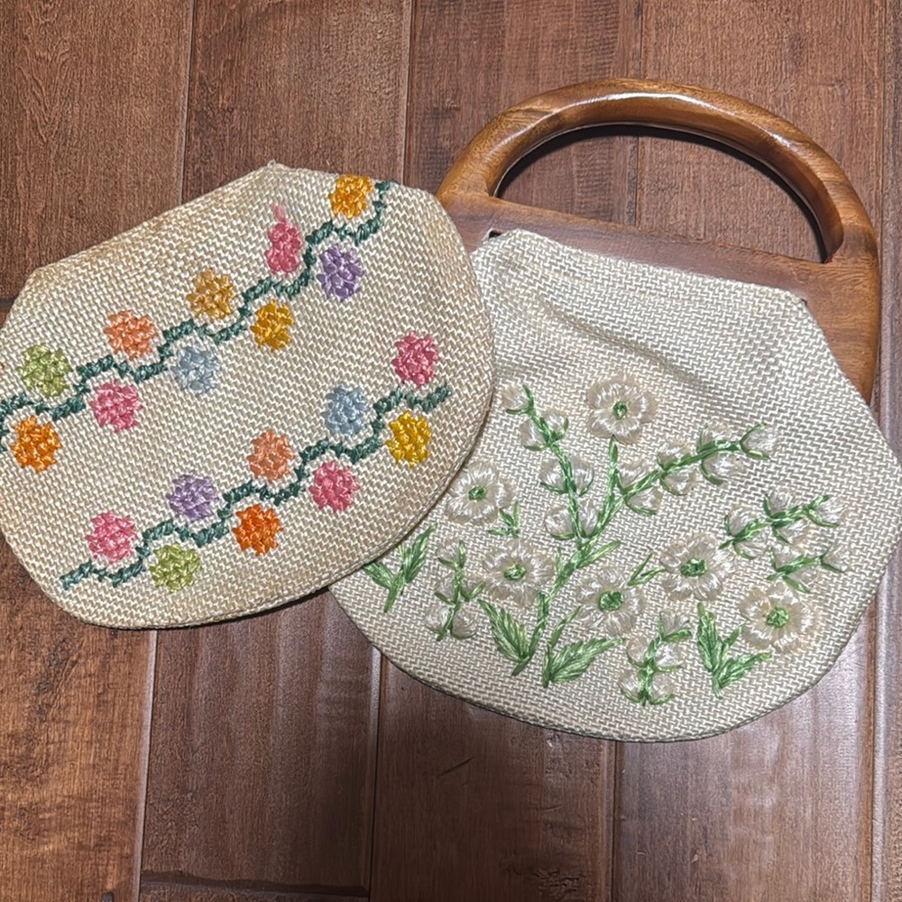 Hand-Embroidered Straw Tote Bag with Wooden Handles - Cream with Green Floral